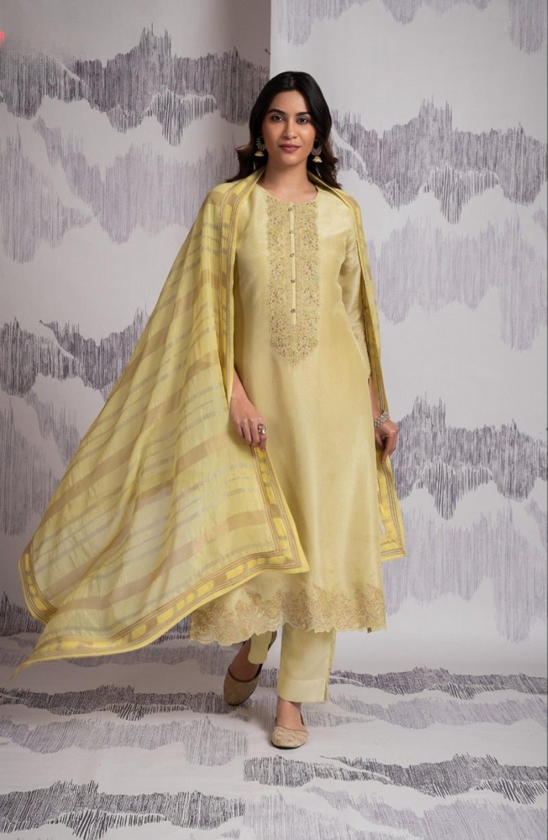 Sophia Golden Yellow Organza Handwork Suit Set with Jaquard Dupatta