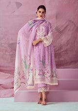 Haseena Pink Floral Muslin Suit Set with Lace Detail