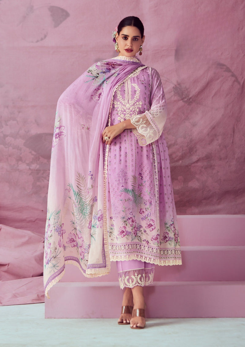 Haseena Pink Floral Muslin Suit Set with Lace Detail