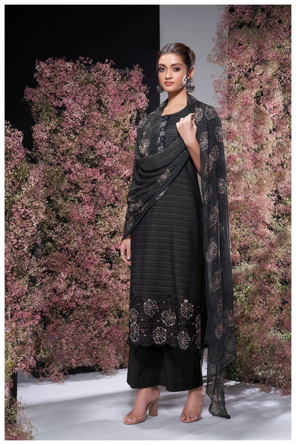 Kali Chandani Black  Premium Woven Solid Embroidered Suit Set