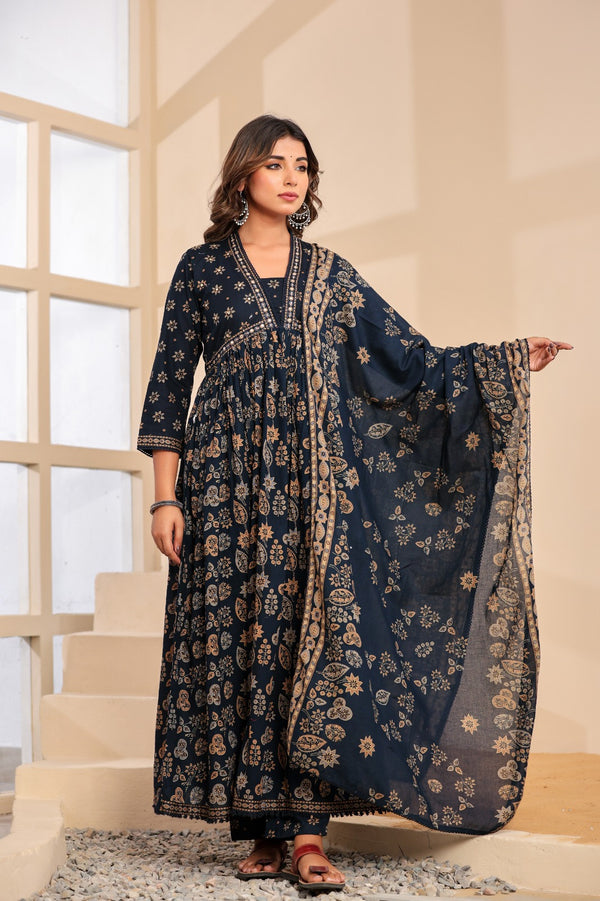 Kalki Blue Hand Embroidered Printed Cotton Suit Set