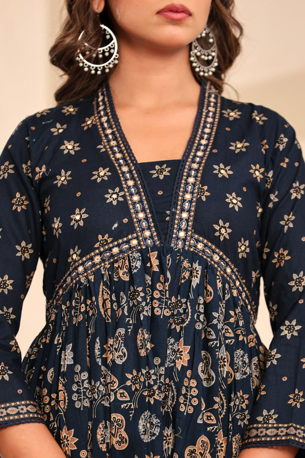 Kalki Blue Hand Embroidered Printed Cotton Suit Set