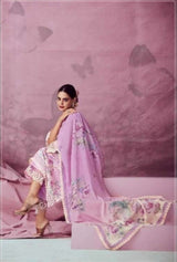 Haseena Pink Floral Muslin Suit Set with Lace Detail