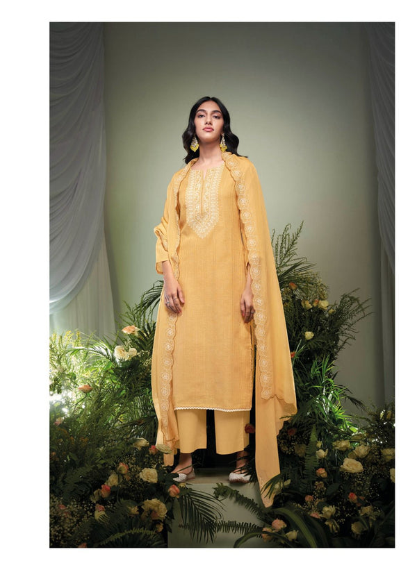 Kesari Yellow  Linen Jacquard Embroidered Suit Set