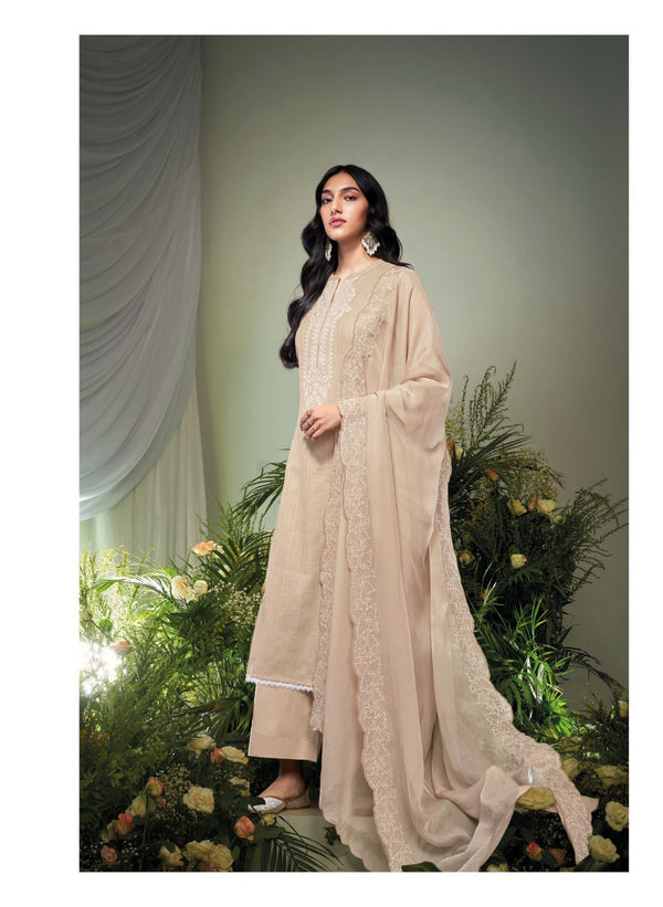 Shahi Beige  Linen Jacquard Embroidered Suit Set