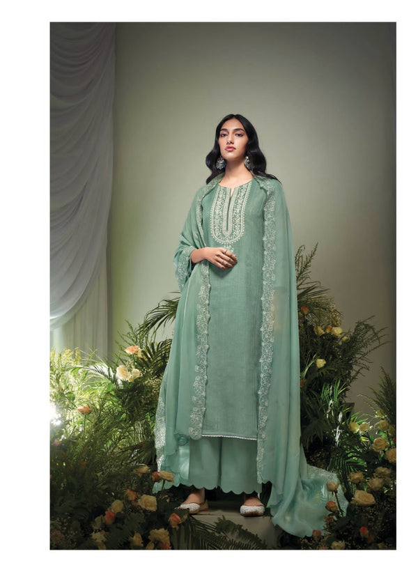 Chandani Bagh Green  Linen Jacquard Embroidered Suit Set