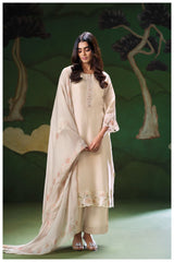 Navya Beige Grey Pure Satin Silk Suit Set with Embroidery & Lace Detailing