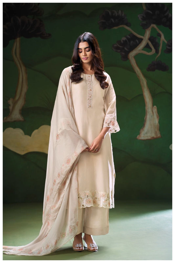 Navya Pure Satin Silk Suit Set with Embroidery & Lace Detailing (Beige Grey)