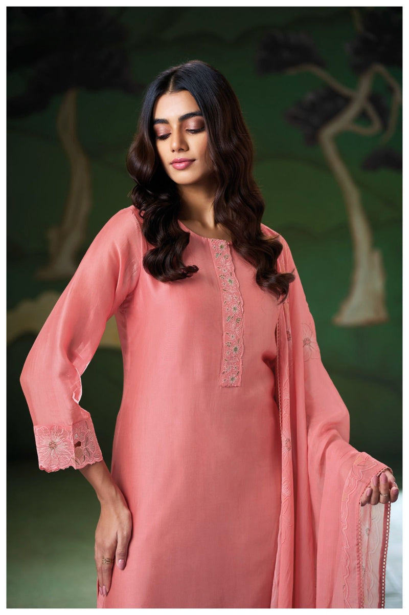 Navya Pure Satin Silk Suit Set with Embroidery & Lace Detailing (Peach Pink)