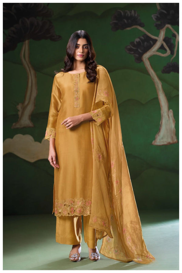 Navya Pure Satin Silk Suit Set with Embroidery & Lace Detailing (Mustard Yellow)