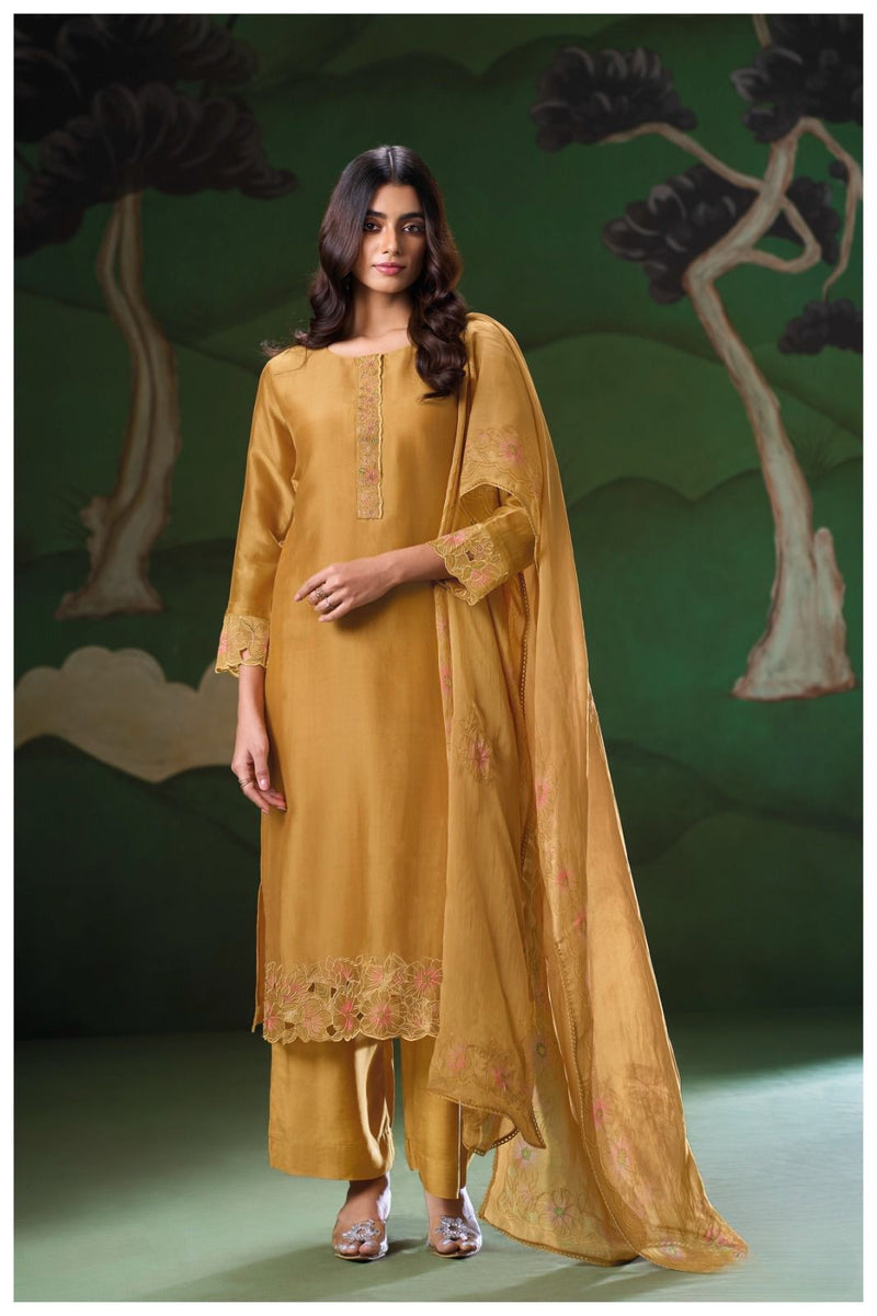 Navya Beige Grey Pure Satin Silk Suit Set with Embroidery & Lace Detailing