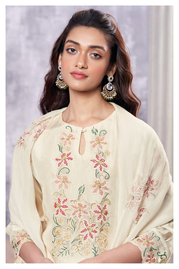 Kalyani Off White Silk Satin Embroidered Suit Set with Organza Dupatta