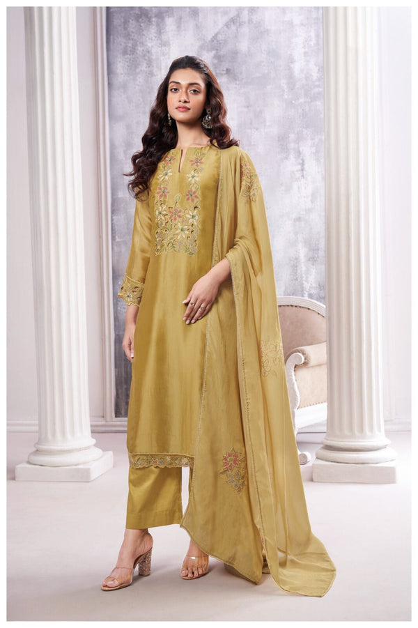 Kalyani Silk Satin Embroidered Suit Set with Organza Dupatta