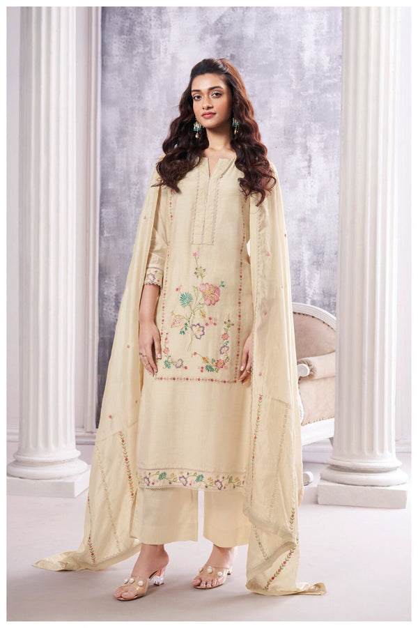 Sakhi Cream Silk Suit Set with Embroidered Floral Detailing