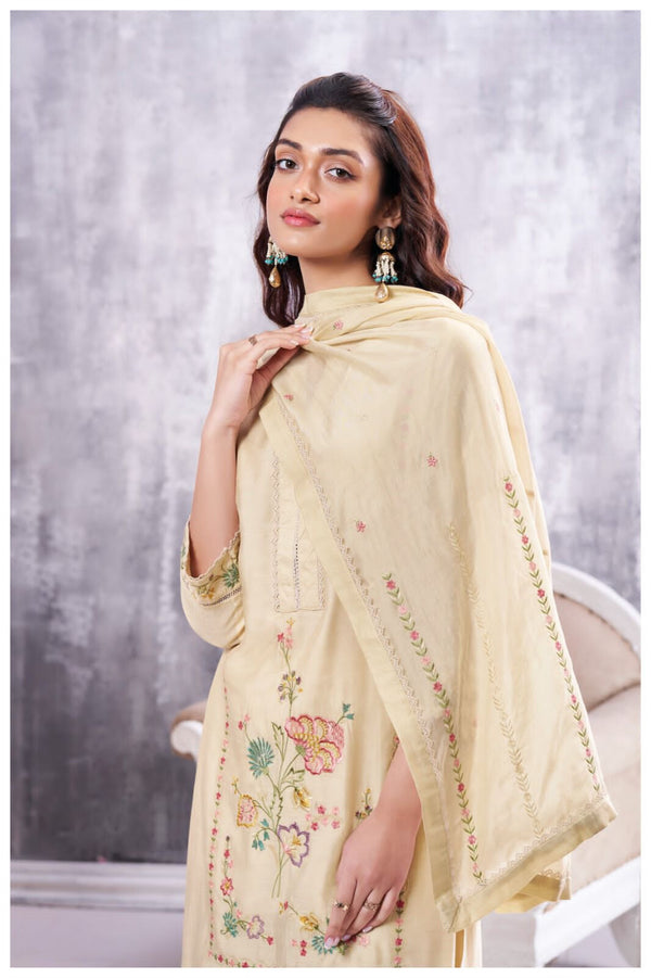 Sakhi Cream Silk Suit Set with Embroidered Floral Detailing