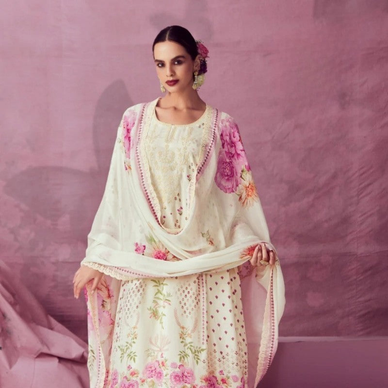 Haseena Pink Floral Muslin Suit Set with Lace Detail