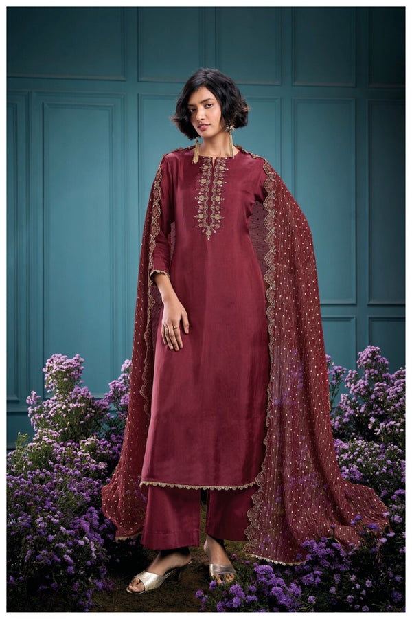 Riyaaz Maroon Silk Suit Set with Jacquard Crush Dupatta