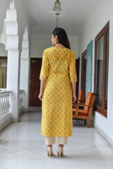 Yellow Desire Mul Handblock Kurta and Pant Only