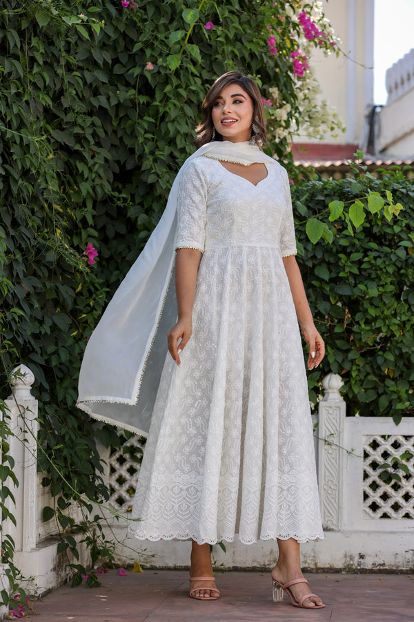 Noble White Anarkali Embroidered Suit Set