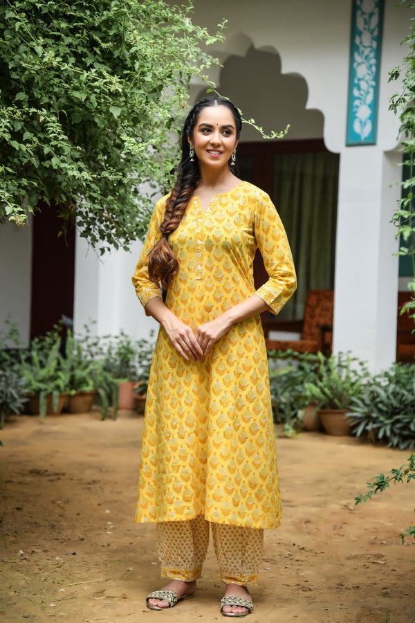 Lemon Yellow Handblock Kurta And Pant Only