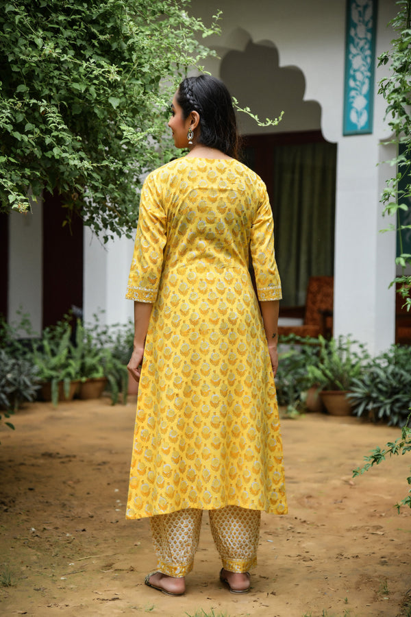 Lemon Yellow Handblock Kurta And Pant Only