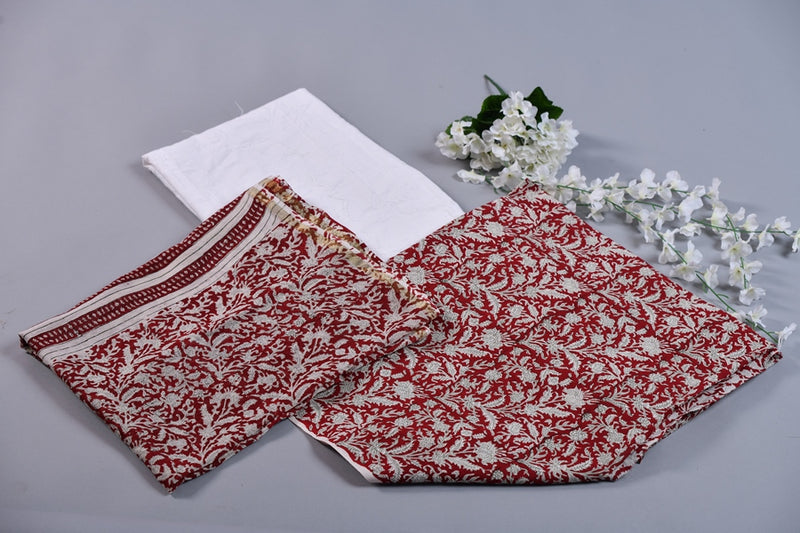 Mesmerizing Maroon Floral Handblock Unstitched Suit set with embroidered Pants