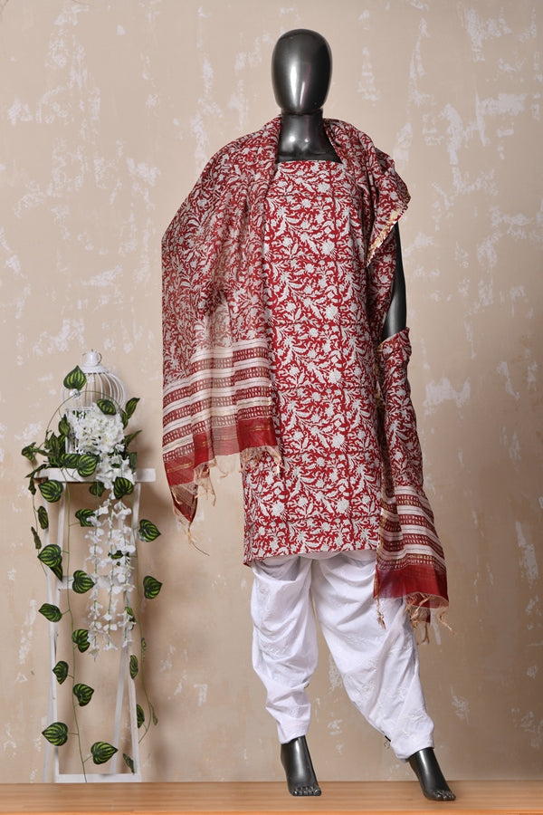 Mesmerizing Maroon Floral Handblock Unstitched Suit set with embroidered Pants