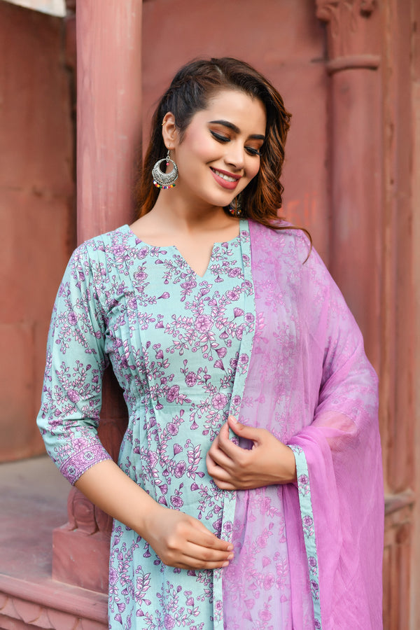 Fern Green and Pink Cotton Suit Set