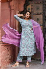 Fern Green and Pink Cotton Suit Set