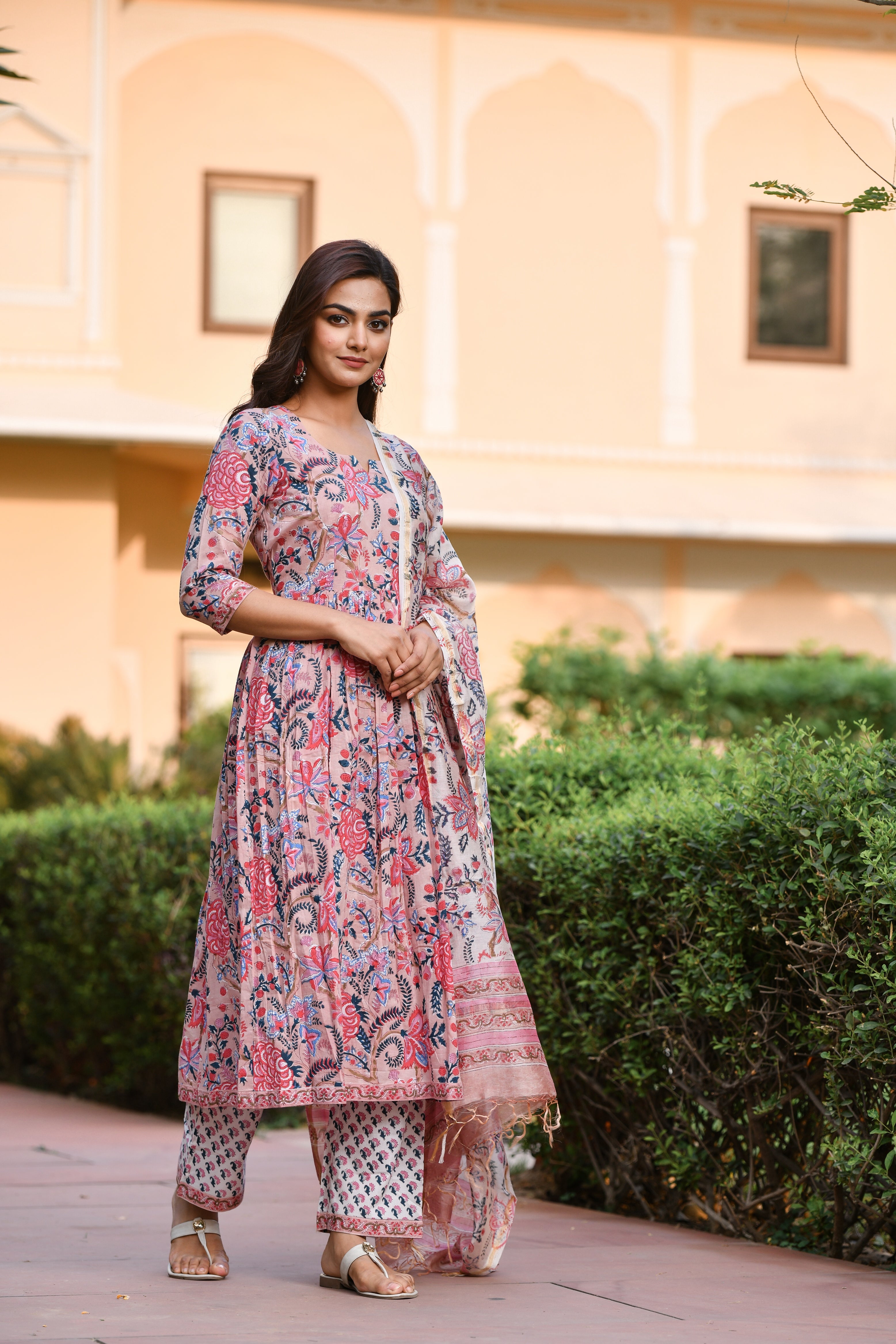 Buy Almond Pink Floral Handblock Suit Set - Jaipuri Adaah