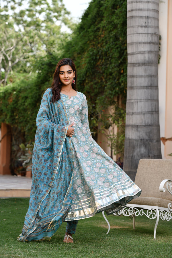 Misty Green And Blue Handblock Gher Suit With Chanderi Silk Dupatta