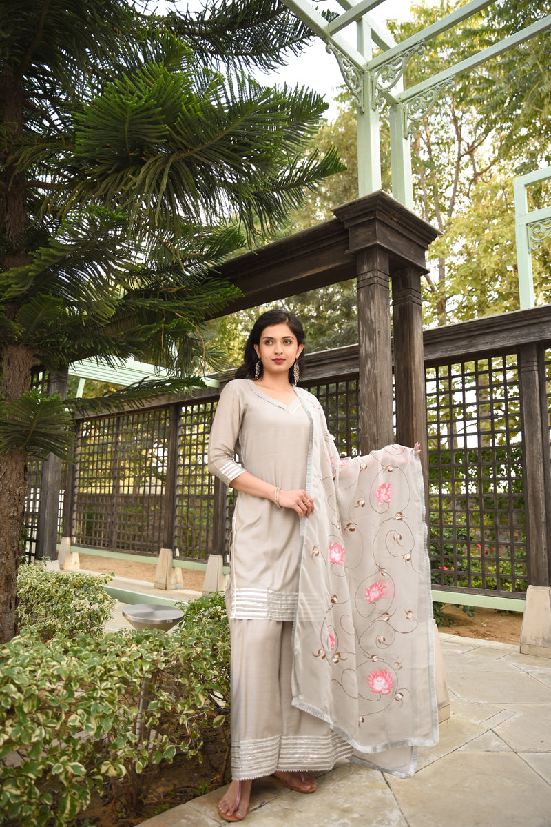 Grey and Gota Handpainted Sharara  women silk suit set