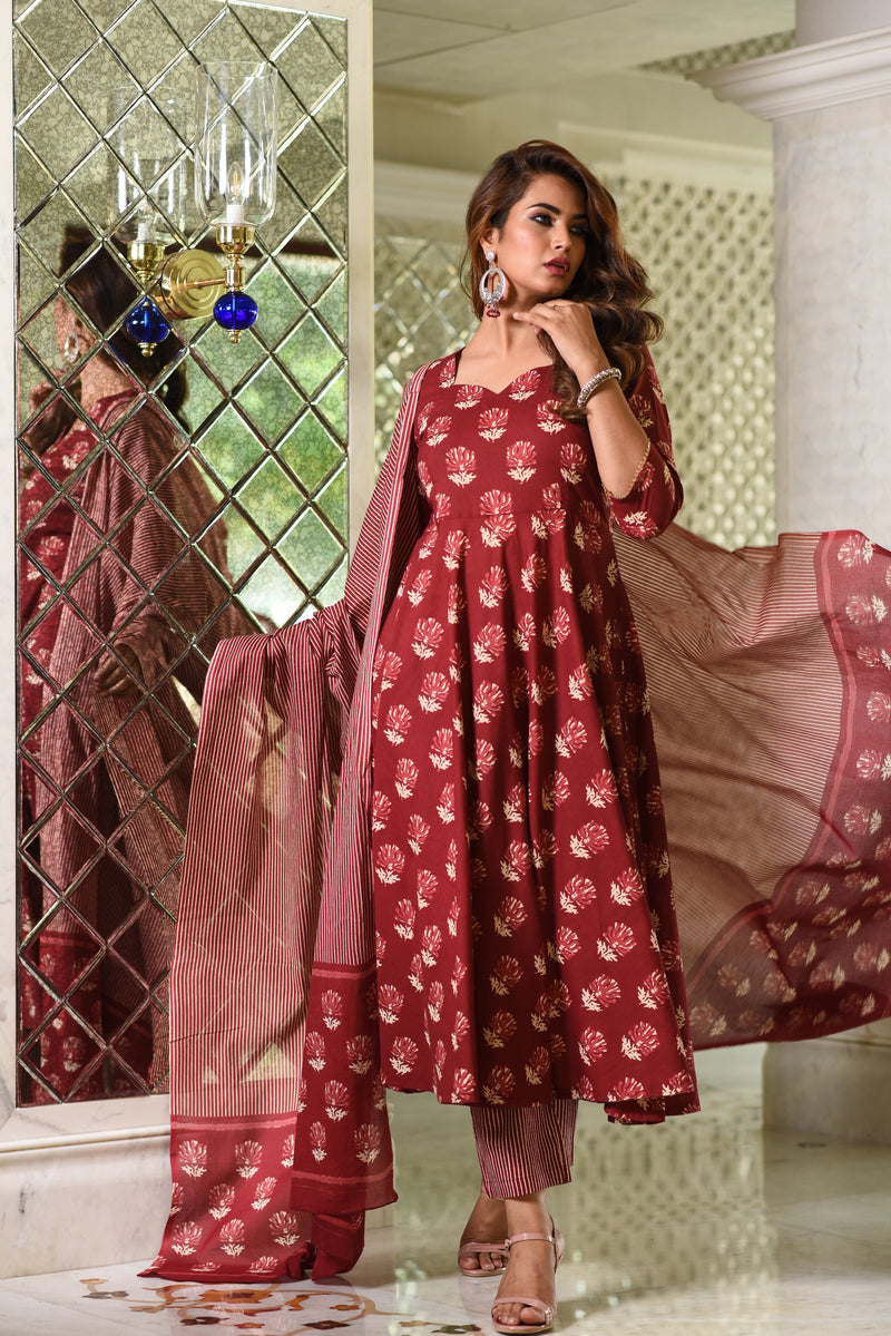 Pure Cotton Lotus Inspired Anarkali Gher Suit Set